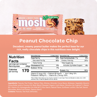 Nutrition facts panel and ingredient list for the MOSH Peanut Chocolate Chip Plant-Based Protein Bar