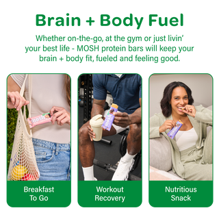 MOSH protein bars shown as a breakfast, workout and snack option