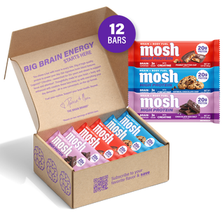 Open MOSH High Protein Variety Pack box filled with wrapped bars in three flavors