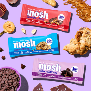 MOSH High Protein bars in Oatmeal Chocolate Chip, Peanut Butter Cup and Chocolate Sea Salt flavors
