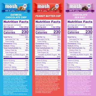 Nutrition facts panels for the three flavors in the MOSH High Protein Variety Pack