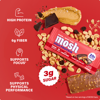MOSH High Protein bar with peanuts and chocolate next to the brand's protein, fiber and sugar highlights