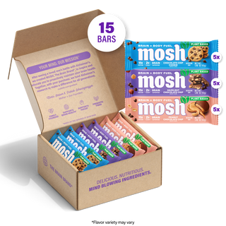 Open MOSH Plant Powered Variety Pack box filled with wrapped plant-based bars