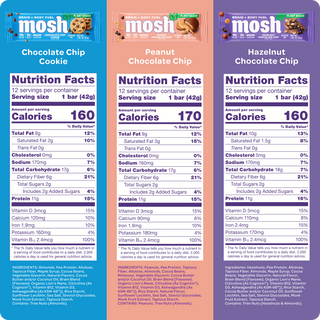Nutrition facts panels for the three flavors in the MOSH Plant Powered Variety Pack