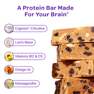 MOSH infographic listing the Brain Blend ingredients next to stacked plant-based bars