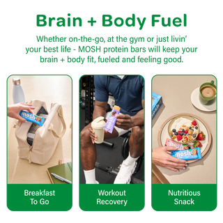 MOSH protein bars shown as a breakfast, workout and snack option