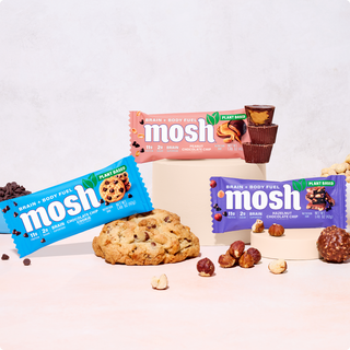 Three MOSH plant-based bar flavors from the Plant Powered Trial Pack with their ingredients
