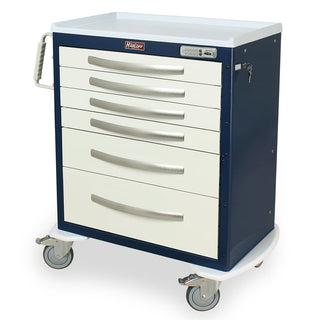 A medium height, medium width Harloff A-Series lightweight e-lock anesthesia cart with multiple drawers, a white top and blue body, on white casters with a side handle.