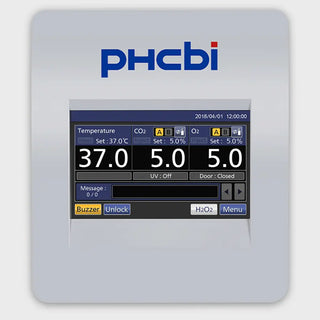 PHCbi MCO-170MP-PA Cell-IQ multigas CO₂/O₂ incubator with color LCD touchscreen, dual IR CO₂ sensor, zirconia O₂ sensor, and inCu-saFe chamber