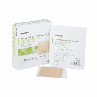 McKesson 886431_CS Foam Dressing 5-Layer 3 X 3 In w/Border Film Backing Silicone Sacral Sterile packaging on a white background