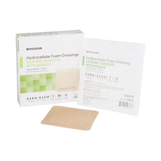 McKesson 886433_CS Foam Dressing 5-Layer 6 X 6 In w/Border Film Backing Silicone Sacral Sterile packaging on a white background