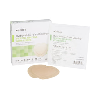 Mckesson McKesson 886434_CS Foam Dressing 5-Layer 7 X 7 In w/Border Film Backing Silicone Sacral Sterile with adhesive on a white background