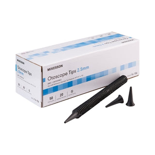 Box of McKesson 930088_CS Ear Speculum Tips with two black tips on a white background