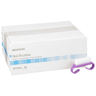 Box of McKesson 940523_CS Nail Brush Soft Bristles with a purple brush on a white background