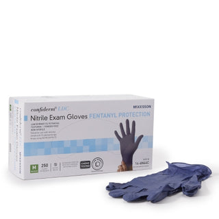 McKesson Confiderm® 1159330_CS Exam Glove, LDC Medium, Standard Cuff Length, Fully Textured, Blue with a single glove on a white background