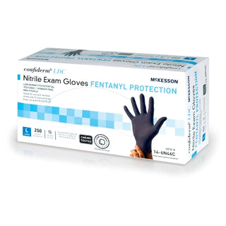 Box of McKesson Confiderm® 1159331_CS Exam Glove, LDC Large, Standard Cuff Length, Fully Textured, Blue with fentanyl protection on a white background