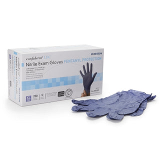 Box of McKesson Confiderm® 1159332_CS Exam Glove, LDC X-Large, Standard Cuff Length, Fully Textured, Blue with gloves on a white background