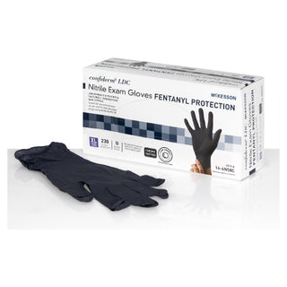 Box of McKesson Confiderm® 1159336_CS Exam Glove, LDC X-Large, Standard Cuff Length, Fully Textured, Black on a white background