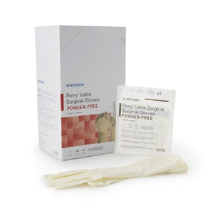 McKesson Perry® 1044703_CS Surgical Glove Performance Plus Size 5.5 Latex Standard Cuff Length packaging with gloves on a white background