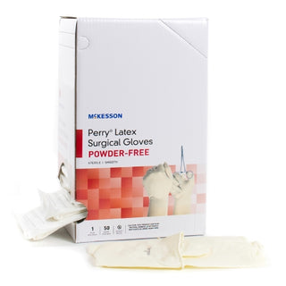 Box of McKesson Perry® 1044708_CS Surgical Glove Performance Plus Size 8 Latex Standard Cuff Length with gloves on a white background