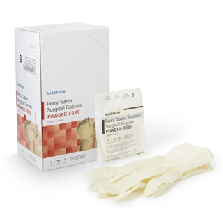 Box and package of McKesson Perry® 1044710_CS Surgical Glove Performance Plus Size 9 Latex Standard Cuff Length on a white background