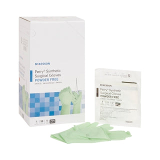 Box of McKesson Perry® 1044719_CS Surgical Glove Performance Plus Size 5.5 Polyisoprene Standard Cuff Length with a packet of gloves on a white background