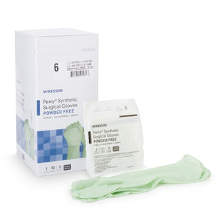 Pair of McKesson Perry® 1044720_CS Surgical Glove Performance Plus Size 6 Polyisoprene Standard Cuff Length with their packaging on a white background