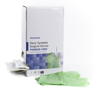 Box of McKesson Perry® 1044722_CS Surgical Glove Performance Plus Size 7 Polyisoprene Standard Cuff Length with gloves displayed in front on a white background