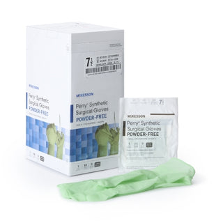 Box and package of McKesson Perry® 1044723_CS Surgical Glove Performance Plus Size 7.5 Polyisoprene Standard Cuff Length on a white background