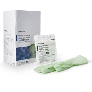 Green McKesson Perry® 1044724_CS Surgical Glove Performance Plus Size 8 Polyisoprene Standard Cuff Length with packaging on a white background