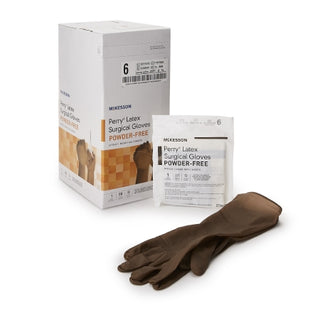 McKesson Perry® 1044728_CS Surgical Glove Size 6 Latex Standard Cuff Length Smooth Brown packaging on a white background