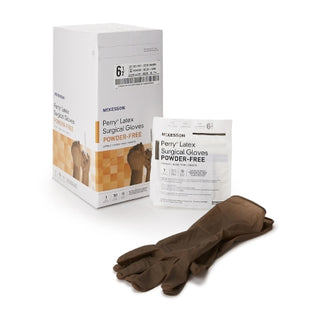 McKesson Perry® 1044729_CS Surgical Glove Size 6.5 Latex Standard Cuff Length Smooth Brown on a white background