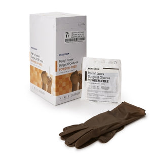 McKesson Perry® 1044731_CS Surgical Glove Size 7.5 Latex Standard Cuff Length Smooth Brown and their packaging on a white background
