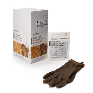 McKesson Perry® 1044732_CS Surgical Glove Size 8 Latex Standard Cuff Length Smooth Brown with packaging on a white background