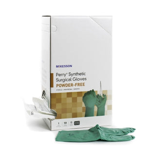 Box of Dark Green McKesson Perry® 1044736_CS Surgical Glove Performance Plus Size 6 Polychloroprene Standard Cuff Length on a white background