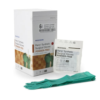 McKesson Perry® 1044737_CS Surgical Glove Performance Plus Size 6.5 Polychloroprene Standard Cuff Length packaging with gloves on a white background