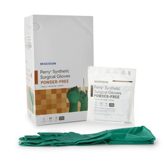 McKesson Perry® 1044740_CS Surgical Glove Performance Plus Size 8 Polychloroprene Standard Cuff Length packaging and gloves on a white background