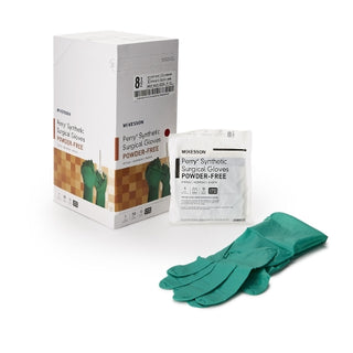 McKesson Perry® 1044741_CS Surgical Glove Performance Plus Size 8.5 Polychloroprene Standard Cuff Length and packaging on a white background