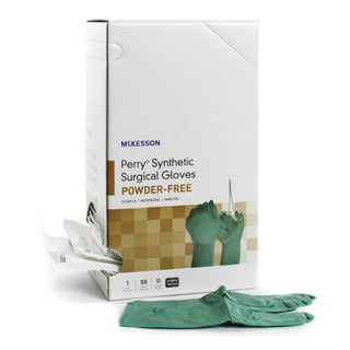 Box of McKesson Perry® 1044742_CS Surgical Glove Performance Plus Size 9 Polychloroprene Standard Cuff Length with green gloves displayed in front.
