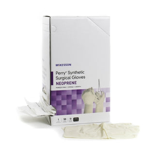 Box of McKesson Perry® 1044744_CS Surgical Glove Synthetic Size 6 Polychloroprene Standard Cuff Length  on a white background