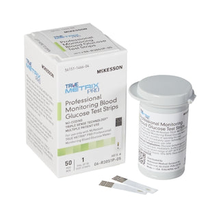 McKesson TRUE METRIX® 960298_CS Blood Glucose Test Strips packaging with a container and strips on a white background