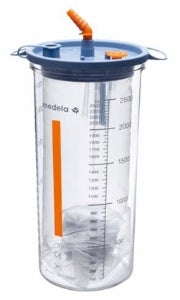 Clear Medela 831155_CS Suction Canister Liner 2500 mL with blue lid and orange straw on a white background