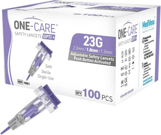MediVena One-Care Opti and Adjustable Safety Lancets Top Button Activated, from 23G, 100/BX, 20BX/CS