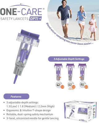 MediVena One-Care Opti and Adjustable Safety Lancets Top Button Activated, from 23G or 28 G, 100/BX, 20BX/CS