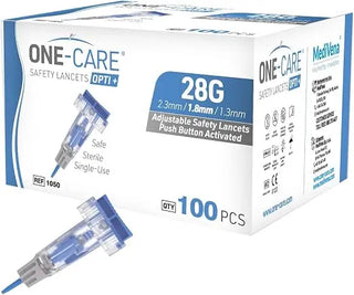 MediVena One-Care Opti and Adjustable Safety Lancets Top Button Activated, from 23G or 28G, 100/BX, 20BX/CS