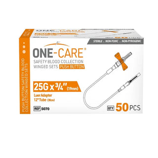 MediVena One-Care Push Button Safety Blood Collection Wing Sets, Luer Adapter, 25G