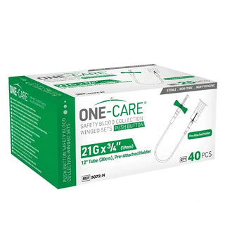 MediVena One-Care Push Button Safety Blood Collection Wing Sets, Pre-attached Holders, 21G