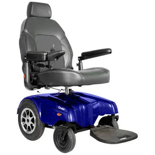 Blue electric wheelchair with gray seat on a white background