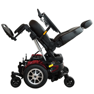 Merits P325I1 Vision Ultra CST power tilt wheelchair red captain seat angle view on a white background