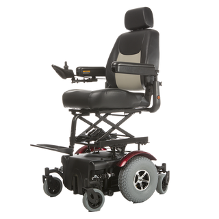 Power wheelchair with black seat and red accents on a white background